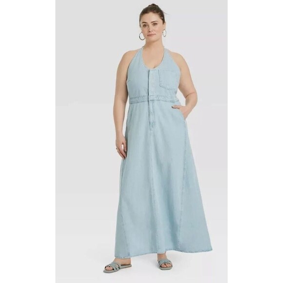 Universal Thread Size 14 Halter Maxi Denim Dress Light Wash Rodeo Ranch Prairie - Picture 1 of 16